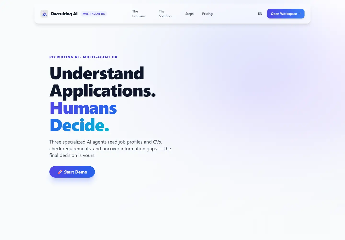 Startseite der Recruiting-AI-Demo mit dem Claim „Understand Applications. Humans Decide.“