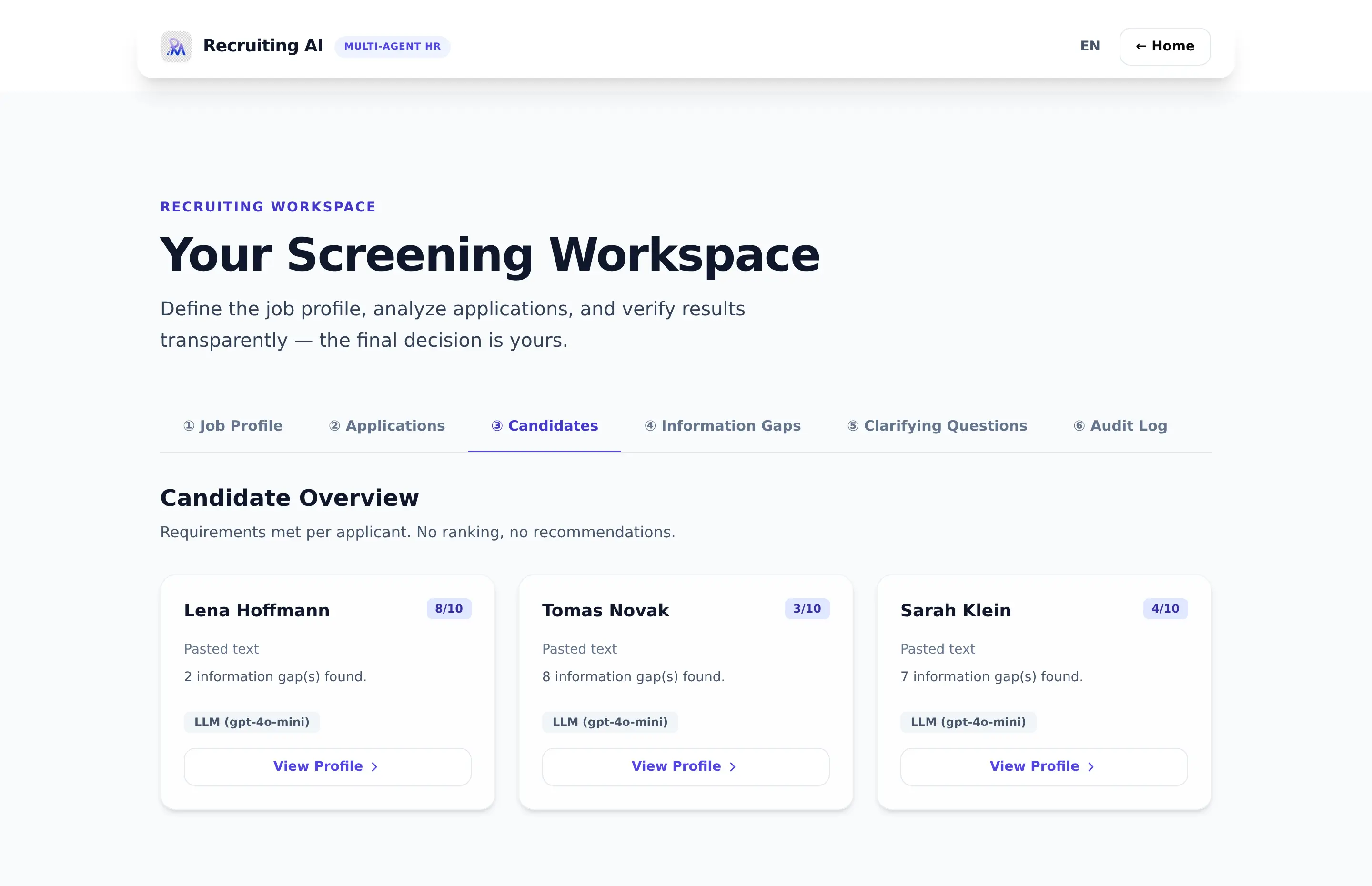 Kandidaten-Übersicht der Recruiting-AI-Demo: drei Bewerbungen mit erfüllten Anforderungen (8/10, 3/10, 4/10) und LLM-Backend-Badge