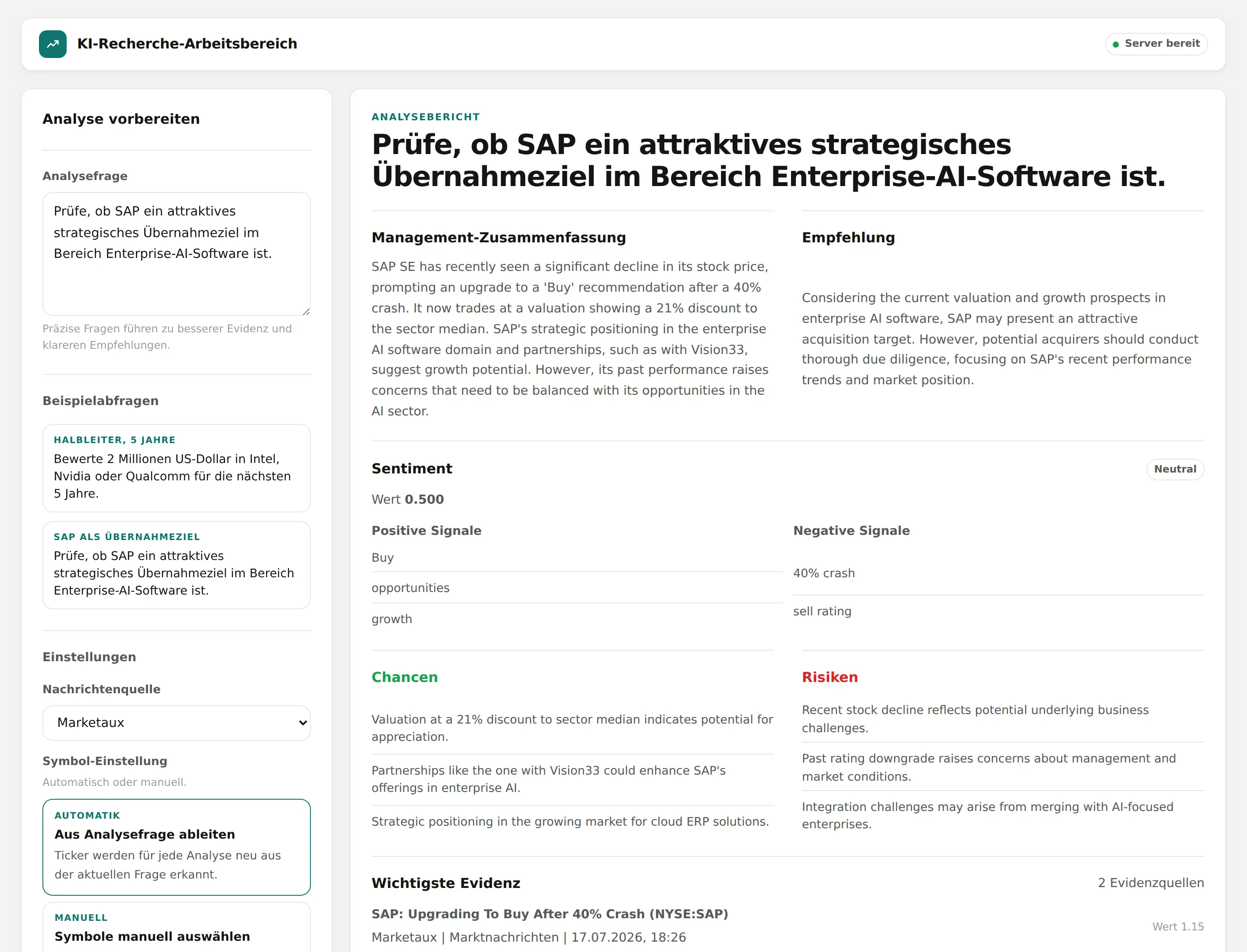 Web-Frontend des Investment Research Assistant: links das Analyseformular, rechts der fertige Research Brief mit Zusammenfassung, Empfehlung, Sentiment sowie Chancen und Risiken